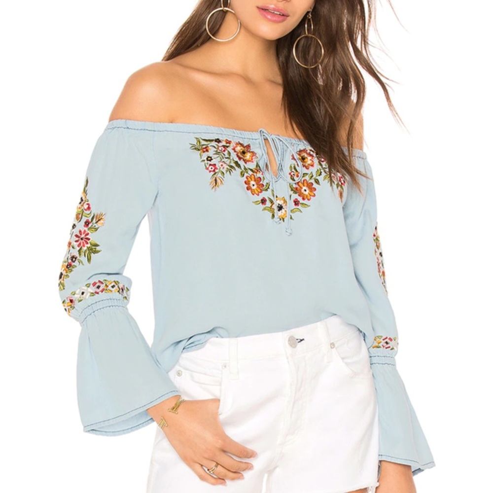 Cupcakes & Cashmere Long sleeve Chambray Off the shoulder top M Embroidered Boho
